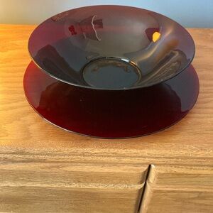 Vintage ruby red anchor hocking, large salad bowl with under plate